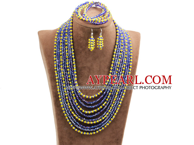 Fantastic Statement 10 Layers Yellow & Blue Crystal African Wedding Jewelry Set (Necklace, Bracelet & Earrings)