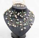 Wholesale Trendy Style Woven Brench Shape Green & Apricot Jade-like Crystal Jewelry Set (Necklace, Bracelet & Earrrings)