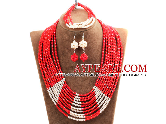 Vakker Shining 10-Row Red Crystal perler African Wedding Jewelry Set (halskjede, armbånd og øredobber)