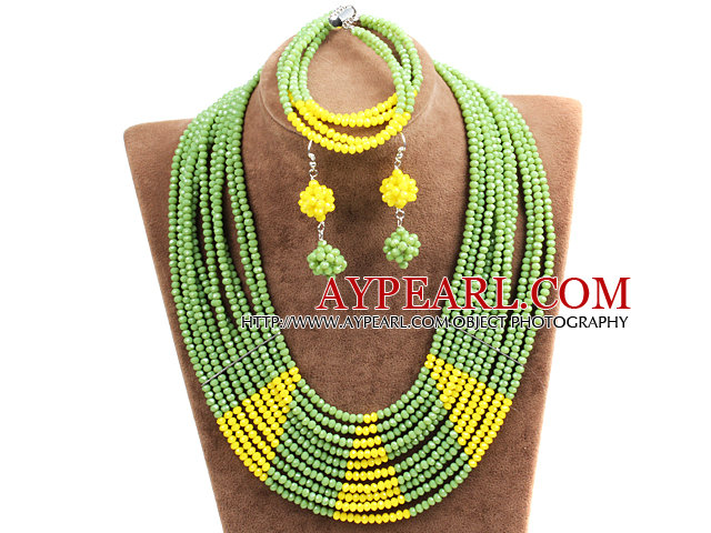 Beautiful Shining 10-Row Green & Yellow Crystal Beads African Wedding Jewelry Set (Necklace, Bracelet & Earrings)