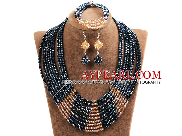Beautiful Shining 10-Row Black & Orange Crystal Beads African Wedding Jewelry Set (Necklace, Bracelet & Earrings)