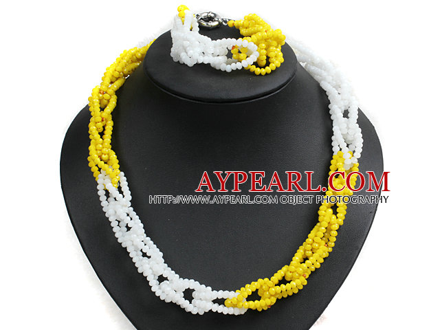 Unique Design Fashion Yellow & White Jade-like Crystal Beads Jewelry Set (Necklace & Bracelet with Moonlight Clasp)