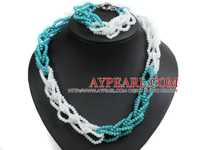 Unique Design Fashion Green & White Jade-like Crystal Beads Jewelry Set (Necklace & Bracelet with Moonlight Clasp)