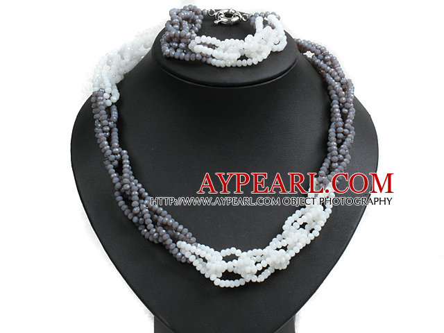 Unique Design Fashion Gray & White Jade-like Crystal Beads Jewelry Set (Necklace & Bracelet with Moonlight Clasp)