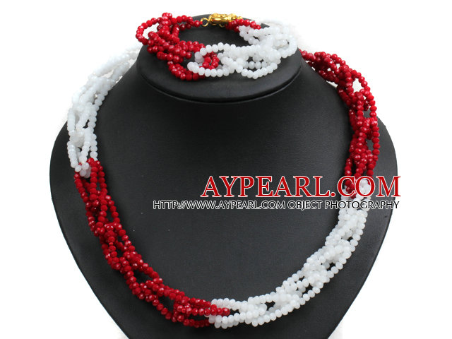 Unique Design Fashion Red & White Jade-like Crystal Beads Jewelry Set (Necklace & Bracelet with Golden Moonlight Clasp)