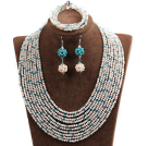 Fabulous 10-Row White & Blue Crystal African Wedding Jewelry Set (Necklace $ Bracelet & Earrings)