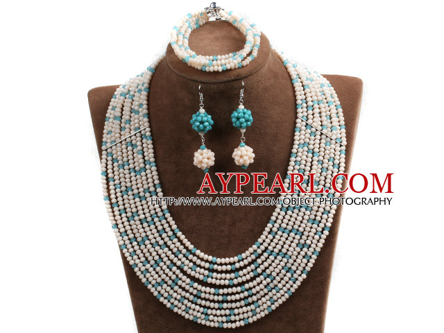 Fabulous 10-Reihe White & Blue Crystal afrikanische Hochzeits-Schmuck-Set (Halskette $ Bracelet & Earrings)