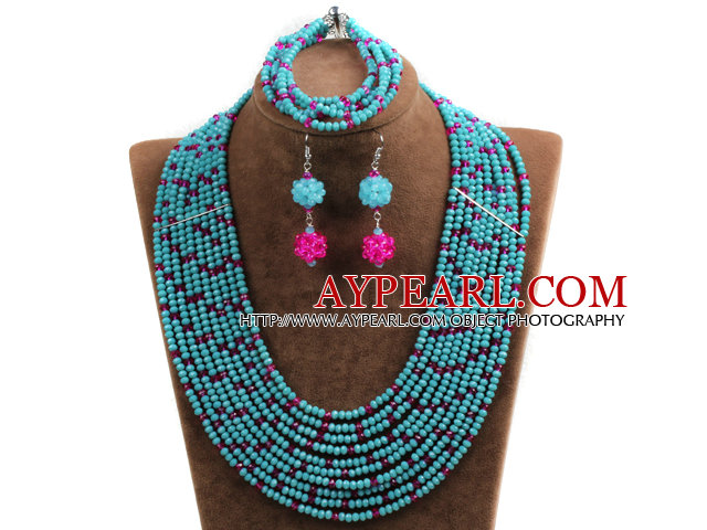 Fabulous 10-Row Blue & Rose Red Crystal African Wedding Jewelry Set (Necklace $ Bracelet & Earrings)