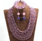 Fabulous 10-Row Pink & Blue Crystal African Wedding Jewelry Set (Necklace $ Bracelet & Earrings)