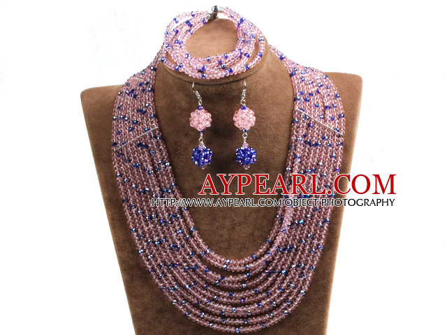 Fabulous 10-Row Pink & Blue Crystal African Wedding Jewelry Set (Necklace $ Bracelet & Earrings)