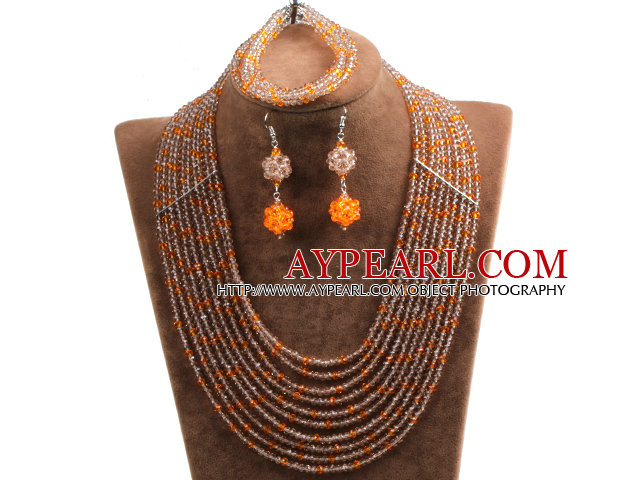 Fabulous 10-Row Brown & Orange Crystal African Wedding Jewelry Set (Necklace $ Bracelet & Earrings)