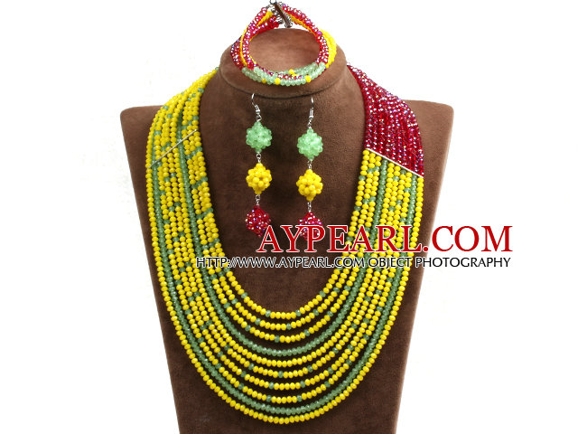 Hipanema 10-Row Yellow & Green & Red Crystal African Wedding Jewelry Set (Necklace $ Bracelet & Earrings)