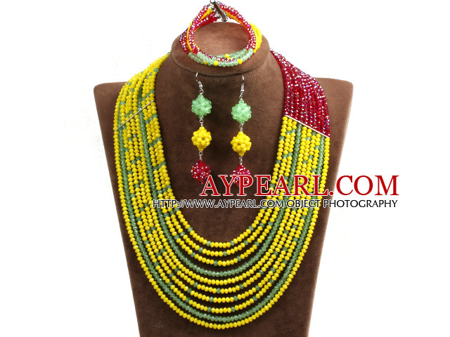 Hipanema 10 rangs jaune et vert et rouge cristal africaine bijoux de mariage (Collier et boucles d'oreilles Bracelet $)