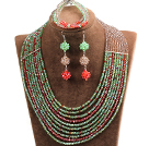 Hipanema 10-Row Green & Brown & Red Crystal African Wedding Jewelry Set (Necklace $ Bracelet & Earrings)