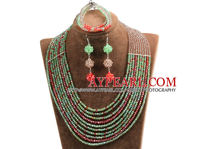 Hipanema 10-Row Green & Brown & Roter Kristall afrikanische Hochzeits-Schmuck-Set (Halskette $ Bracelet & Earrings)