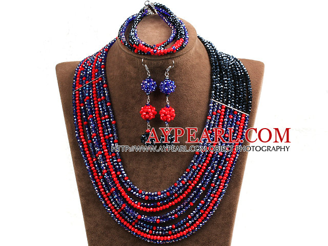 Hipanema 10-Row Black & Red & Albastru inchis Crystal african Set Bijuterii de nunta (colier bratara $ & cercei)