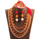 Hipanema 10-Row Orange & Red & White Crystal African Wedding Jewelry Set (Necklace $ Bracelet & Earrings)