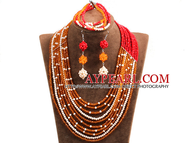 Hipanema 10-Row Orange u Red & White Crystal afrikanische Hochzeits-Schmuck-Set (Halskette $ Bracelet & Earrings)