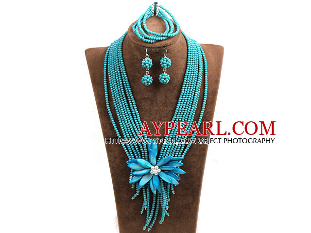 Statement Graceful Multi Layer Green Jade-like Crystal Beads Big Shell Flower Jewelry Set (Necklace & Bracelet & Earrings)