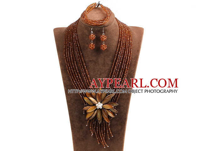 Uttalande Graceful Multi Layer Brown Crystal Pärlor Big Shell blomma smycken Set (Halsband & Armband & Örhängen)