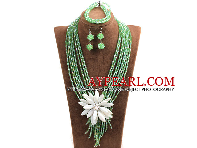 Statement Graceful Multi Layer Green Crystal Beads Big White Shell Flower Jewelry Set (Necklace & Bracelet & Earrings)