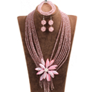 Statement Graceful Multi Layer Pink Crystal Beads Big Shell Flower Jewelry Set (Necklace & Bracelet & Earrings)