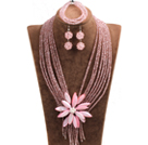 Uttalande Graceful Multi Layer Pink Crystal Pärlor Big Shell blomma smycken Set (Halsband & Armband & Örhängen)