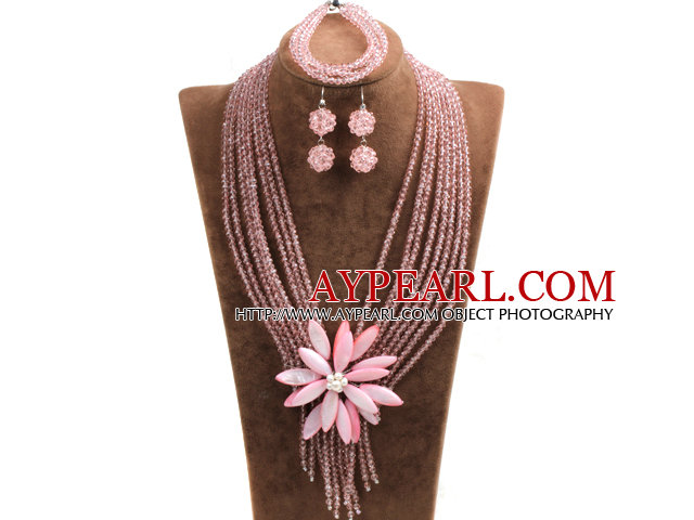 Statement Graceful Multi Layer Pink Crystal Beads Big Shell Flower Jewelry Set (Necklace & Bracelet & Earrings)
