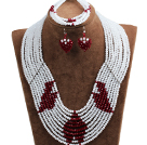 Fantastische Hübsches Multi Layer White & Red Herz-Muster Kristall-Perlen Schmuck-Set (Necklace & Bracelet & Herz-Ohrringe)