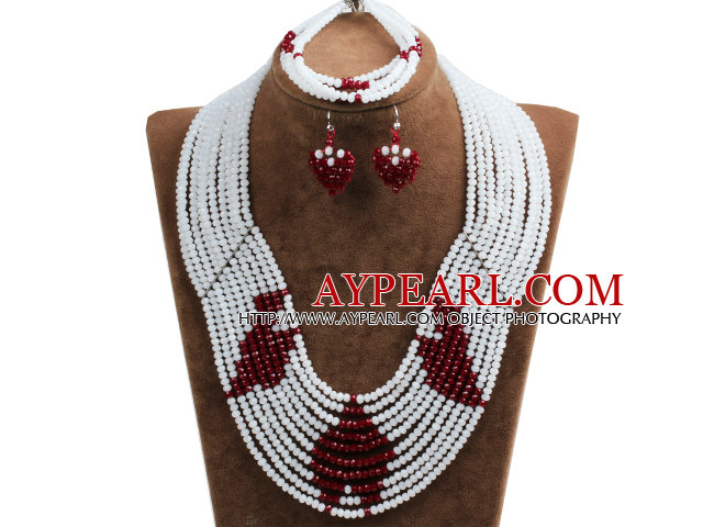 Fantastic Pretty Multi Layer White & Red Heart Pattern Crystal Beads Jewelry Set (Necklace & Bracelet & Heart Earrings)