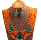 Fantastic Pretty Multi Layer Orange & Green Heart Pattern Crystal Beads Jewelry Set (Necklace & Bracelet & Heart Earrings)