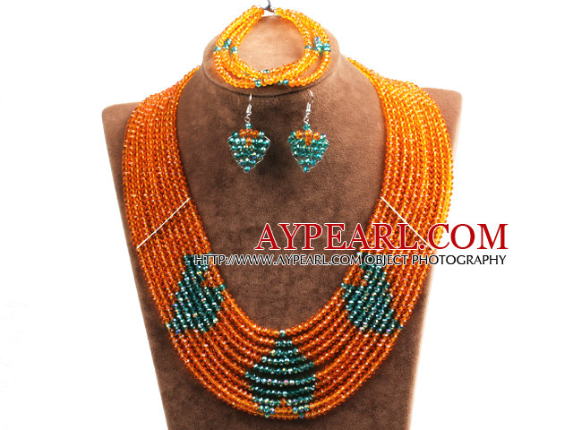 Fantastische Hübsches Multi Layer Orange u Grüne Herz-Muster Kristall-Perlen Schmuck-Set (Necklace & Bracelet & Herz-Ohrringe)