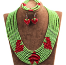 Fantastic Pretty Multi Layer Green & Red Heart Pattern Crystal Beads Jewelry Set (Necklace & Bracelet & Heart Earrings)