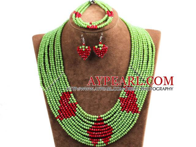 Fantastic Pretty Multi Layer Green & Red Heart Pattern Crystal Beads Jewelry Set (Necklace & Bracelet & Heart Earrings)