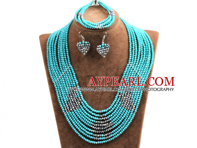 Fantastic Pretty Multi Layer Green & Silver Heart Pattern Crystal Beads Jewelry Set (Necklace & Bracelet & Heart Earrings)