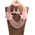 Sparkly Multi Layer Pink Crystal Beads African Wedding Jewelry Set With Statement Crystal Flower (Necklace, Bracelet & Earrings)