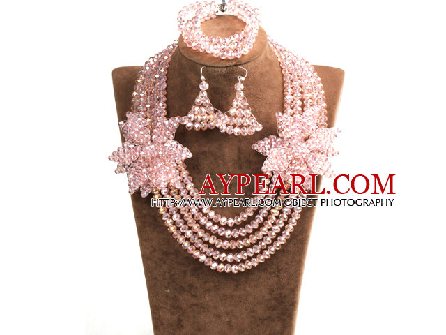 Sparkly Multi Layer Pink Crystal Beads African Wedding Jewelry Set With Statement Crystal Flower (Necklace, Bracelet & Earrings)