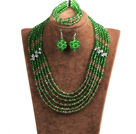 Classic Design Multi Layer Green & Brown Crystal Beads African Wedding Jewelry Set (Necklace, Bracelet & Earrings)