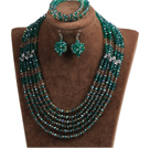 Classic Design Multi Layer Dark Green & Brown Crystal Beads African Wedding Jewelry Set (Necklace, Bracelet & Earrings)