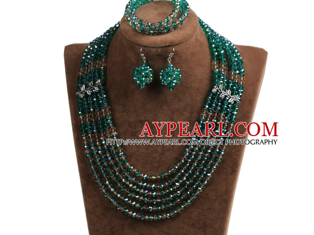 Classic Design Multi Layer Dark Green & Brown Crystal Beads African Wedding Jewelry Set (Necklace, Bracelet & Earrings)