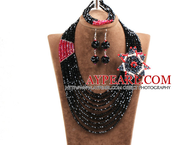 Gorgeous Multi Layer Black & Red kristall pärlor afrikansk bröllop smycken set med Statement Crystal Flower (halsband, armband och örhängen)