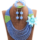 Superbe Multi Layer Perles Blue & Green cristal africaine mariage Jewelry Set Avec Déclaration fleur de cristal (collier, bracelet et boucles d'oreilles)