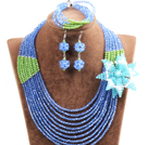 Gorgeous Multi Layer Blue & Green Crystal Beads African Wedding Jewelry Set With Statement Crystal Flower(Necklace, Bracelet & Earrings)