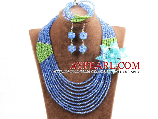 Gorgeous Multi Layer Blue & Green Crystal Beads African Wedding Jewelry Set With Statement Crystal Flower(Necklace, Bracelet & Earrings)