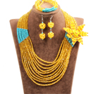 Gorgeous Multi Layer Yellow & Blue Crystal Beads African Wedding Jewelry Set With Statement Crystal Flower(Necklace, Bracelet & Earrings)