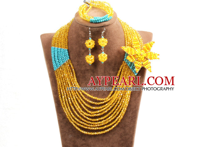 Gorgeous Multi Layer Yellow & Blue Crystal Beads African Wedding Jewelry Set With Statement Crystal Flower(Necklace, Bracelet & Earrings)