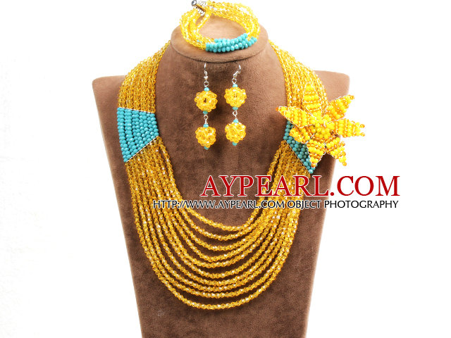 Wunderschöne Multi Layer Yellow & Blue Kristall-Perlen afrikanischen Hochzeit Schmuck-Set mit Statement-Kristallblumen (Halskette, Armband und Ohrringe)