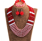 Classic Design Multi Layer Red & White Crystal Beads African Wedding Jewelry Set (Necklace, Bracelet & Earrings)