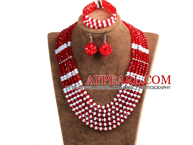 Classic Design Multi Layer Red & White Crystal perler African Wedding Jewelry Set (halskjede, armbånd og øredobber)