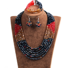 Fashion Multi Layer Black & Red & Brown Crystal Beads African Wedding Jewelry Set (Necklace, Bracelet & Earrings)